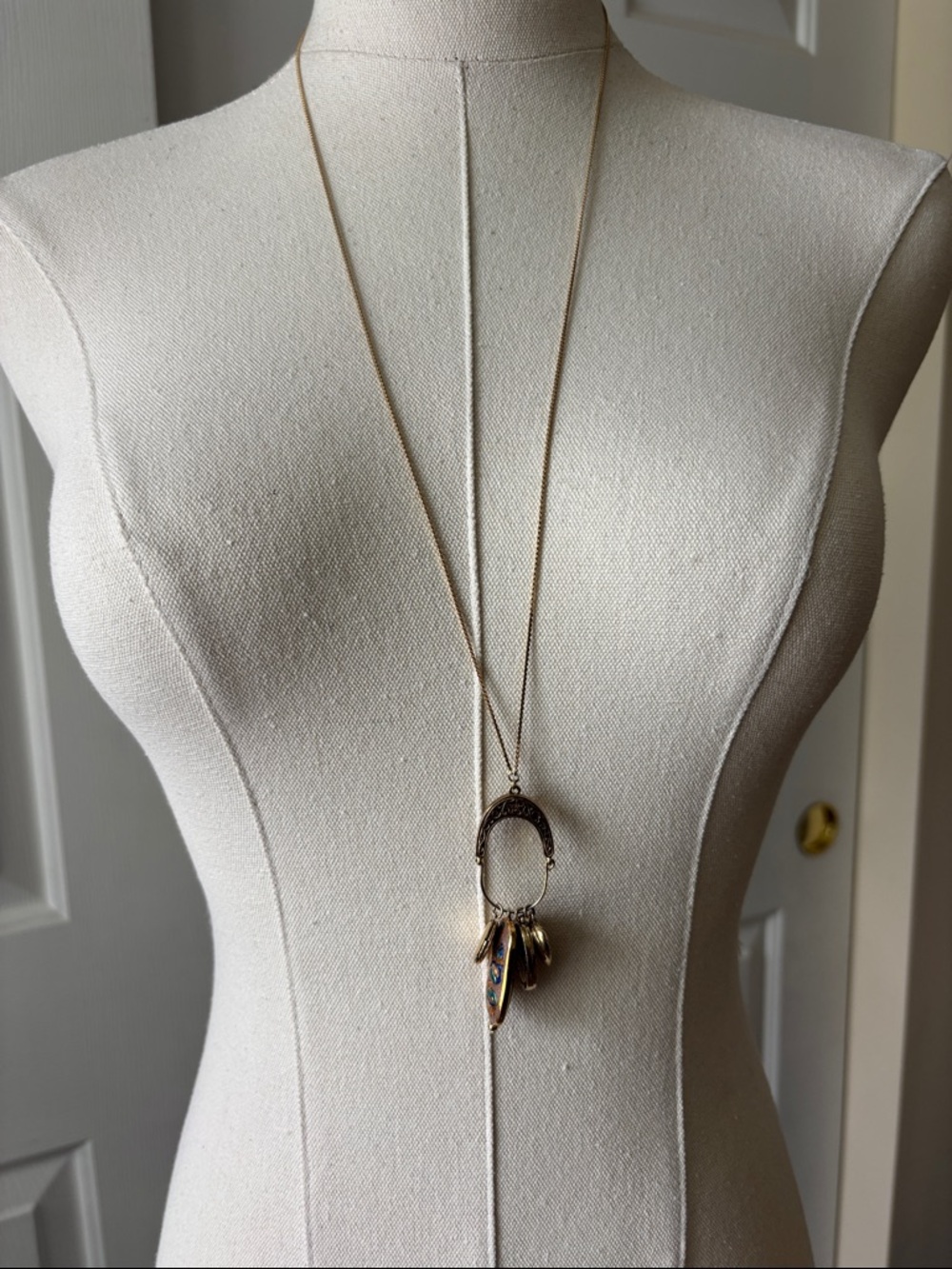 1928 Vintage Gold-Tone Long Pendant Necklace with 4 charms over 27”
